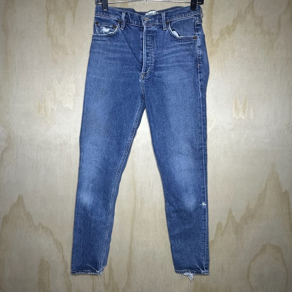 AGOLDE Nico High-Rise‎ Skinny Jeans Blue Bottom Distressed Denim Jeans Size 27
